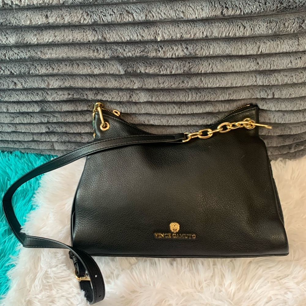 Vince Camuto Black Leather Shoulder Bag with Gold Hardware